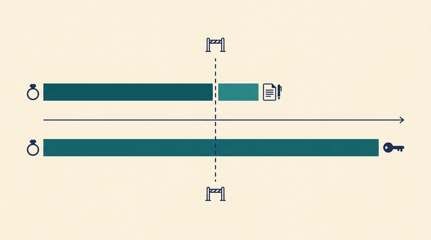Diagrama del umbral de dos años CR-1 vs IR-1: los matrimonios emitidos antes de la marca de dos años reciben una CR-1 condicional más un trámite I-751 posterior; los matrimonios emitidos después de dos años reciben una IR-1 permanente sin trámite de seguimiento